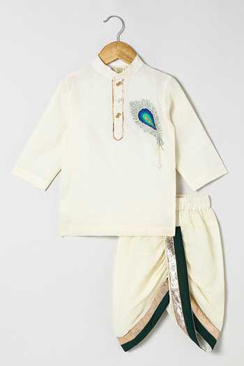 Buy_Byb Premium_Off White Cotton Embroidery Embellished Kurta Dhoti Set _Online_at_Aza_Fashions