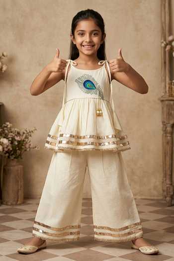 Buy_Byb Premium_Off White Cotton Embroidery, Beads Embellished Top And Palazzo Set _at_Aza_Fashions