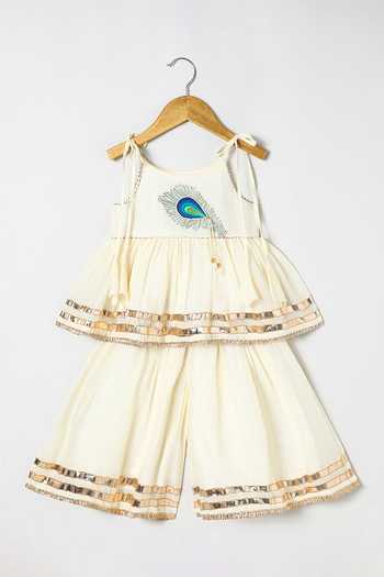 Byb Premium_Off White Cotton Embroidery, Beads Embellished Top And Palazzo Set _Online_at_Aza_Fashions