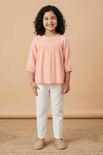 Byb Premium_Peach Denim Placement Embroidered Top _Online_at_Aza_Fashions