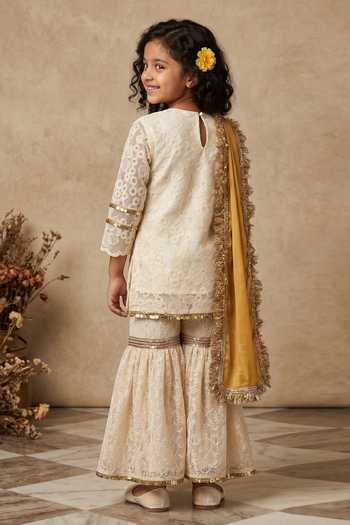 Shop_Byb Premium_Ivory Organza, Cotton Sequins, Lace Embroidered Placket Kurta Sharara Set _at_Aza_Fashions
