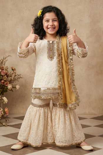 Byb Premium_Ivory Organza, Cotton Sequins, Lace Embroidered Placket Kurta Sharara Set _Online_at_Aza_Fashions