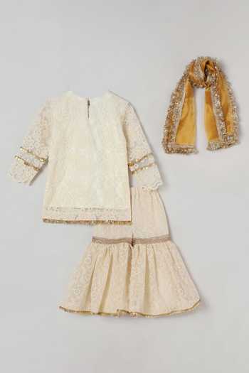 Shop_Byb Premium_Ivory Organza, Cotton Sequins, Lace Embroidered Placket Kurta Sharara Set _Online_at_Aza_Fashions