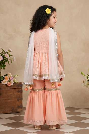 Shop_Byb Premium_Peach Viscose, Cotton, Chiffon Embroidery, Tassels, Asymmetric Kurta Sharara Set _at_Aza_Fashions