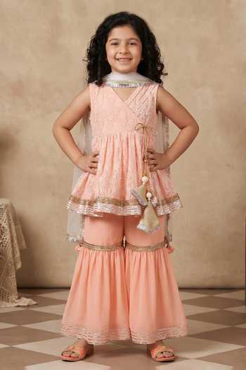 Byb Premium_Peach Viscose, Cotton, Chiffon Embroidery, Tassels, Asymmetric Kurta Sharara Set _at_Aza_Fashions
