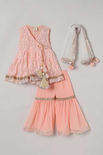 Byb Premium_Peach Viscose, Cotton, Chiffon Embroidery, Tassels, Asymmetric Kurta Sharara Set _Online_at_Aza_Fashions