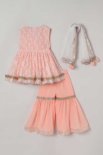 Buy_Byb Premium_Peach Viscose, Cotton, Chiffon Embroidery, Tassels, Asymmetric Kurta Sharara Set _Online_at_Aza_Fashions
