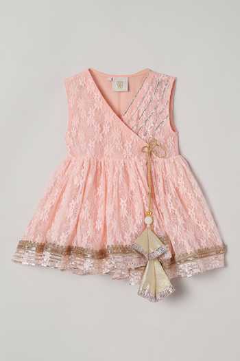 Shop_Byb Premium_Peach Viscose, Cotton, Chiffon Embroidery, Tassels, Asymmetric Kurta Sharara Set _Online_at_Aza_Fashions