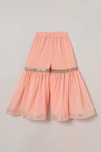 Buy_Byb Premium_Peach Viscose, Cotton, Chiffon Embroidery, Tassels, Asymmetric Kurta Sharara Set 