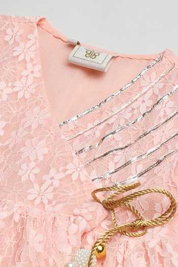 Shop_Byb Premium_Peach Viscose, Cotton, Chiffon Embroidery, Tassels, Asymmetric Kurta Sharara Set 