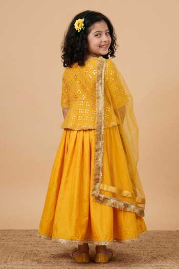 Shop_Byb Premium_Yellow Georgette, Silk Mirrors Work Blouse Skirt Set _at_Aza_Fashions