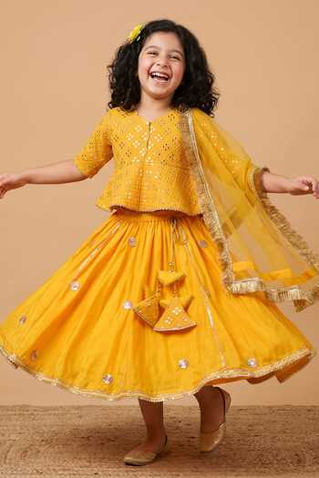 Buy_Byb Premium_Yellow Georgette, Silk Mirrors Work Blouse Skirt Set 