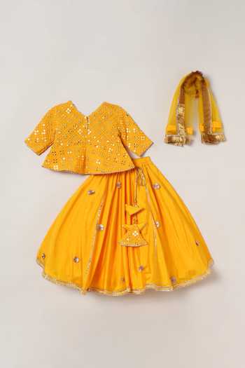 Shop_Byb Premium_Yellow Georgette, Silk Mirrors Work Blouse Skirt Set 
