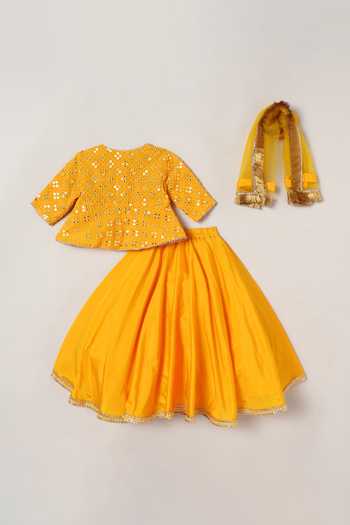 Byb Premium_Yellow Georgette, Silk Mirrors Work Blouse Skirt Set _Online