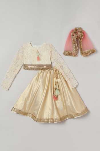 Byb Premium_Ivory Organza, Cotton, Brocade Pearls, Lace, Sequins Blouse Skirt Set _Online