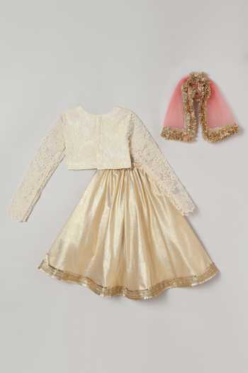 Buy_Byb Premium_Ivory Organza, Cotton, Brocade Pearls, Lace, Sequins Blouse Skirt Set _Online