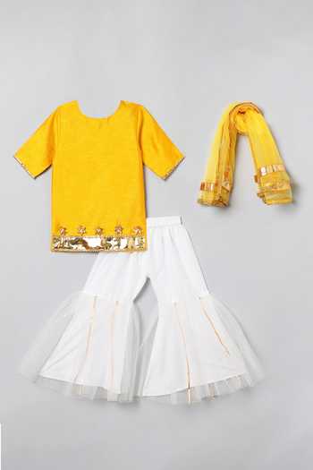 Shop_Byb Premium_Yellow Silk, Chiffon Gota Patti Border Embroidered Kurta Sharara Set _Online