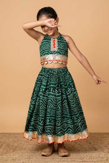 Byb Premium_Green Kota Doria Zari Dark Embellished Top And Skirt Set _Online_at_Aza_Fashions
