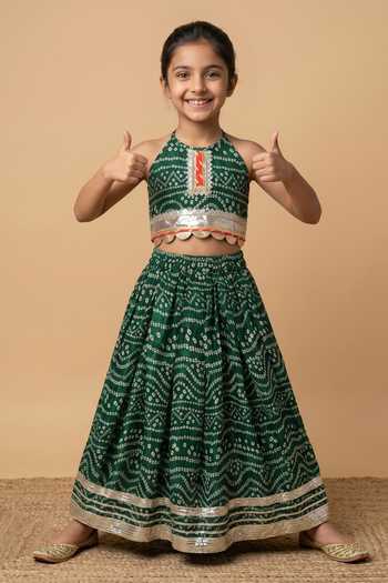 Buy_Byb Premium_Green Kota Doria Zari Dark Embellished Top And Skirt Set _Online_at_Aza_Fashions