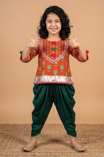 Byb Premium_Maroon Cotton Zari Embellished Kurta And Green Dhoti Pant Set _Online_at_Aza_Fashions