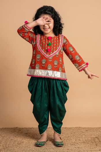Buy_Byb Premium_Maroon Cotton Zari Embellished Kurta And Green Dhoti Pant Set _Online_at_Aza_Fashions