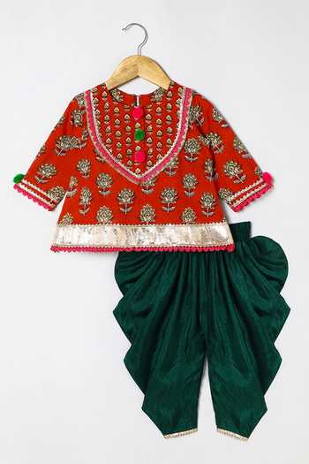 Byb Premium_Maroon Cotton Zari Embellished Kurta And Green Dhoti Pant Set _Online