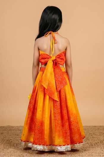 Shop_Byb Premium_Multicolor Kota Doria Fringe, Zari Designer Orange Embellished Top And Skirt Set _at_Aza_Fashions