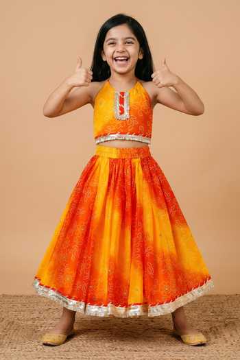 Byb Premium_Multicolor Kota Doria Fringe, Zari Designer Orange Embellished Top And Skirt Set _Online_at_Aza_Fashions
