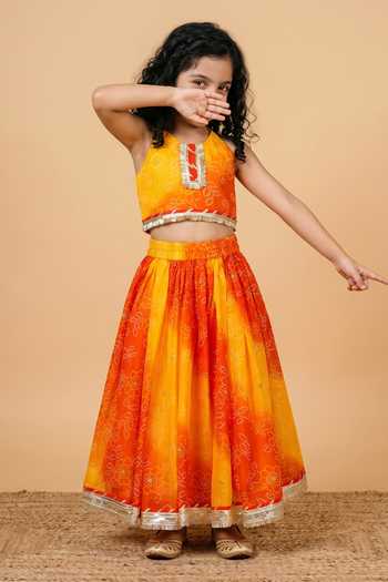 Buy_Byb Premium_Multicolor Kota Doria Fringe, Zari Designer Orange Embellished Top And Skirt Set _Online_at_Aza_Fashions