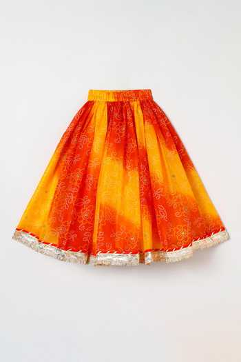 Buy_Byb Premium_Multicolor Kota Doria Fringe, Zari Designer Orange Embellished Top And Skirt Set 