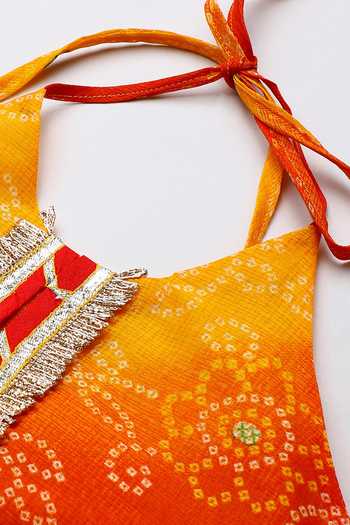Shop_Byb Premium_Multicolor Kota Doria Fringe, Zari Designer Orange Embellished Top And Skirt Set 