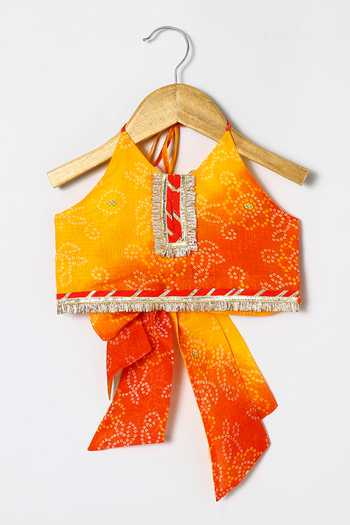 Byb Premium_Multicolor Kota Doria Fringe, Zari Designer Orange Embellished Top And Skirt Set _Online