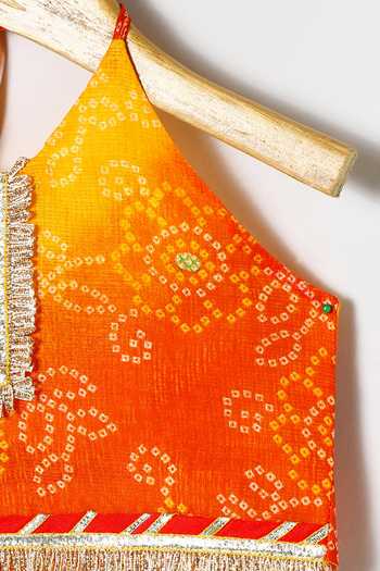 Byb Premium_Multicolor Kota Doria Fringe, Zari Designer Orange Embellished Top And Skirt Set 