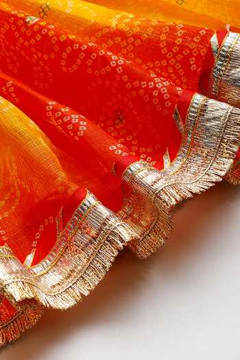 Byb Premium_Multicolor Kota Doria Fringe, Zari Designer Orange Embellished Top And Skirt Set 