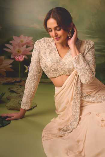 Buy_Shloka Khialani_Beige Georgette, Crepe, Net Ecru Powder Shoulder Blouse And Fishtail Saree Set _at_Aza_Fashions