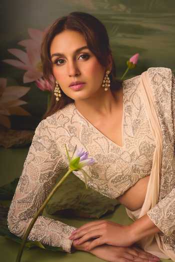 Shop_Shloka Khialani_Beige Georgette, Crepe, Net Ecru Powder Shoulder Blouse And Fishtail Saree Set _at_Aza_Fashions