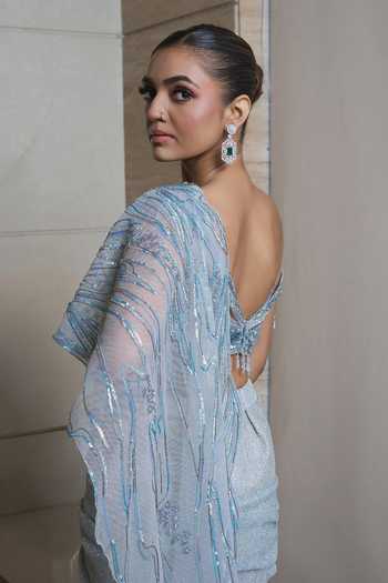 Shop_Presto Couture_Blue Lycra Crystals, Sequins, Beads Embroidered Pre-draped Saree With Blouse _at_Aza_Fashions