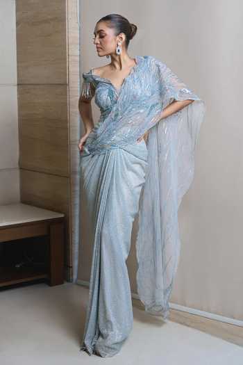 Buy_Presto Couture_Blue Lycra Crystals, Sequins, Beads Embroidered Pre-draped Saree With Blouse _Online_at_Aza_Fashions