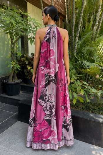 Shop_Ajiesh Oberoi_Pink Crepe, Bamboo Halter , High , Choker Printed A Line Dress _at_Aza_Fashions