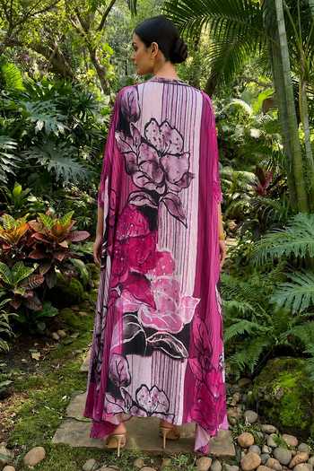 Shop_Ajiesh Oberoi_Pink Crepe, Bamboo Sweetheart Neck Printed Cape Skirt Set _at_Aza_Fashions