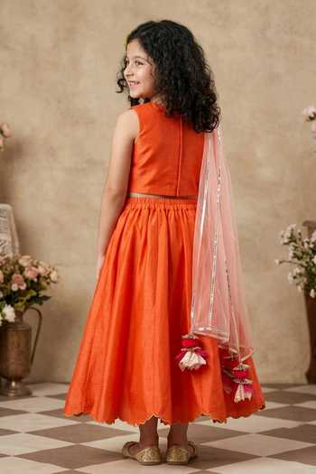 Shop_Byb Premium_Orange Tissue, Chanderi Embroidery, Fabric Flowers Hand Top Skirt Set _at_Aza_Fashions