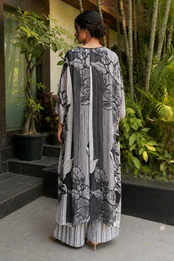 Shop_Ajiesh Oberoi_Grey Crepe, Bamboo V-neck Printed Kaftan And Pant Set _at_Aza_Fashions