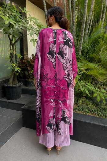 Shop_Ajiesh Oberoi_Pink Crepe, Bamboo V-neck Floral Print Kaftan And Pant Set _at_Aza_Fashions