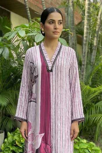 Ajiesh Oberoi_Pink Bamboo V-neck, Yes Pinstripe Print Kurta And Pant Set _Online_at_Aza_Fashions