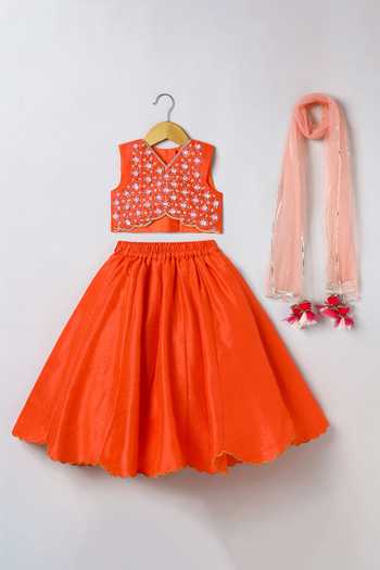 Shop_Byb Premium_Orange Tissue, Chanderi Embroidery, Fabric Flowers Hand Top Skirt Set _Online