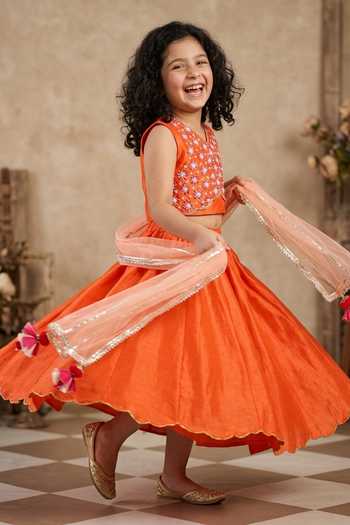 Byb Premium_Orange Tissue, Chanderi Embroidery, Fabric Flowers Hand Top Skirt Set 