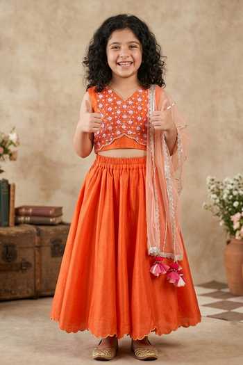 Byb Premium_Orange Tissue, Chanderi Embroidery, Fabric Flowers Hand Top Skirt Set 