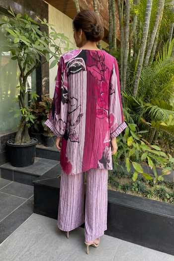 Shop_Ajiesh Oberoi_Pink Crepe, Bamboo V-neck, Yes Floral Print Kurta And Pant Set _at_Aza_Fashions
