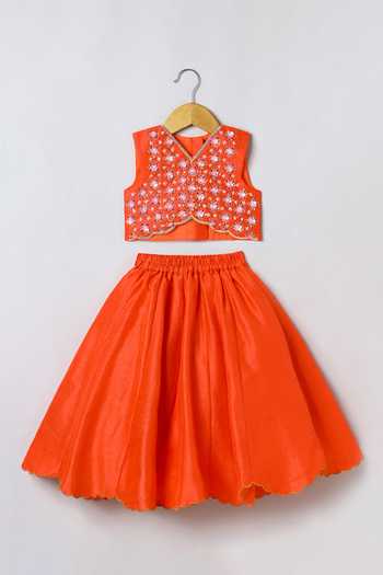 Byb Premium_Orange Tissue, Chanderi Embroidery, Fabric Flowers Hand Top Skirt Set 
