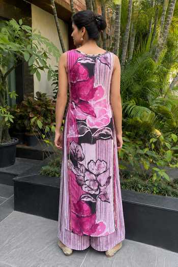 Shop_Ajiesh Oberoi_Pink Crepe, Bamboo Round Neck Floral Print Kurta With Palazzo _at_Aza_Fashions